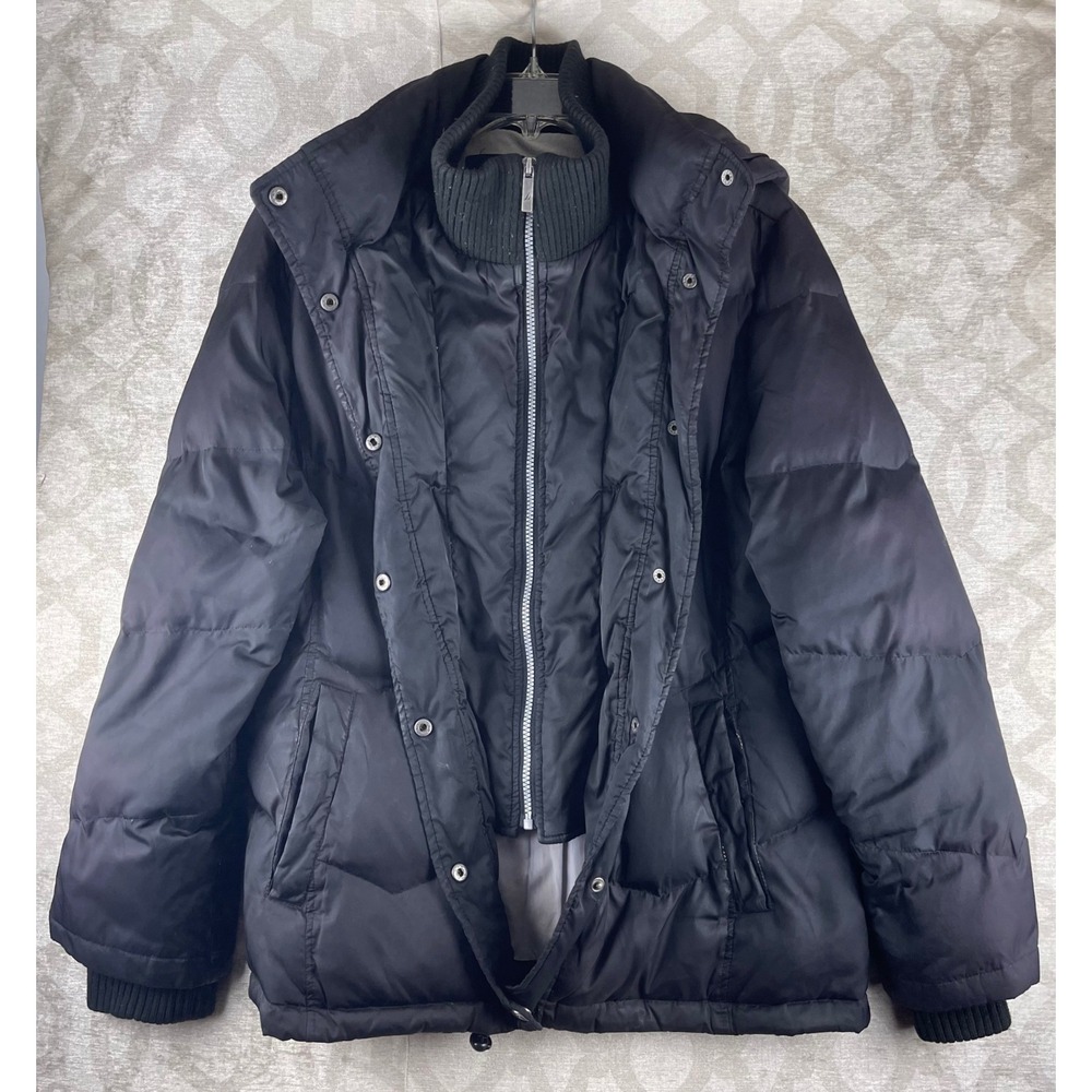 Nautica Puffer Jacket Mens Large Black Good Hooded Double Layer Bib Parka Coat - Picture 7 of 9